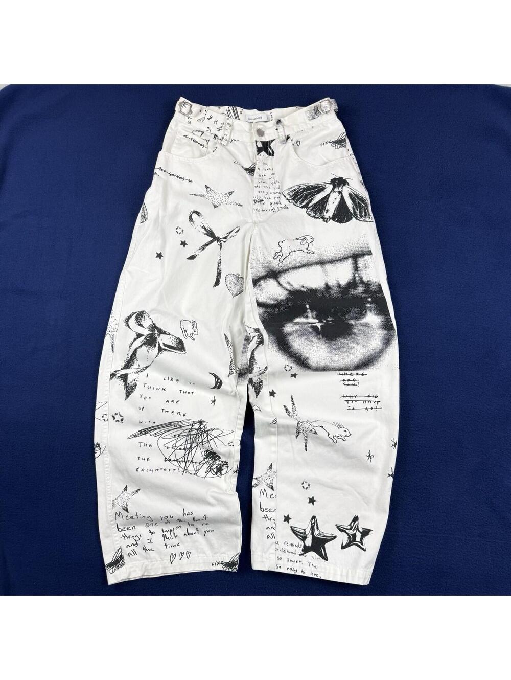 Innomoood Ignorant Moth Wide Pants Baggy All-Over Graphic Streetwear Size 1 Y2K